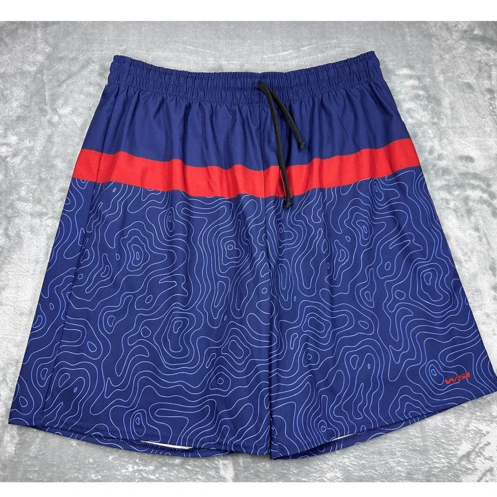 WSI Sports‎ Mens 2XL Athletic Shorts Navy Red Topographic Print Made in USA XXL